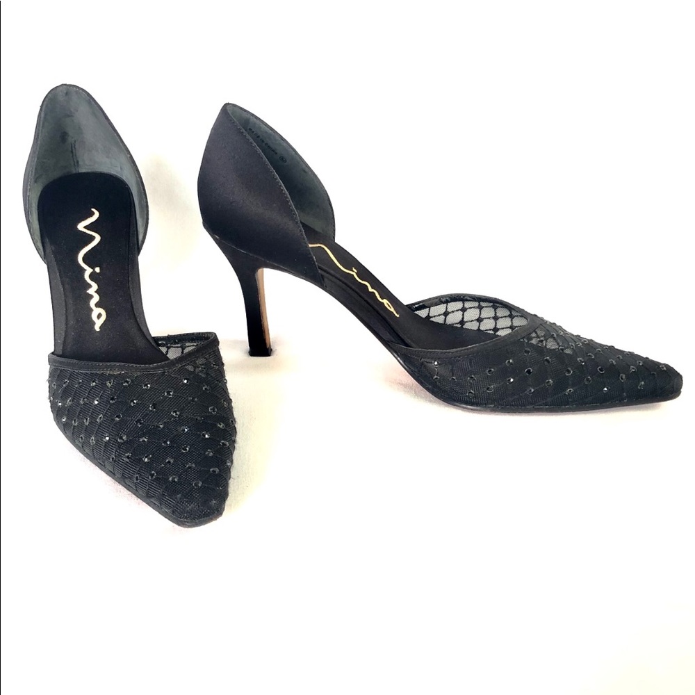 Nina Elegant Black Beaded Mesh Satin Heels